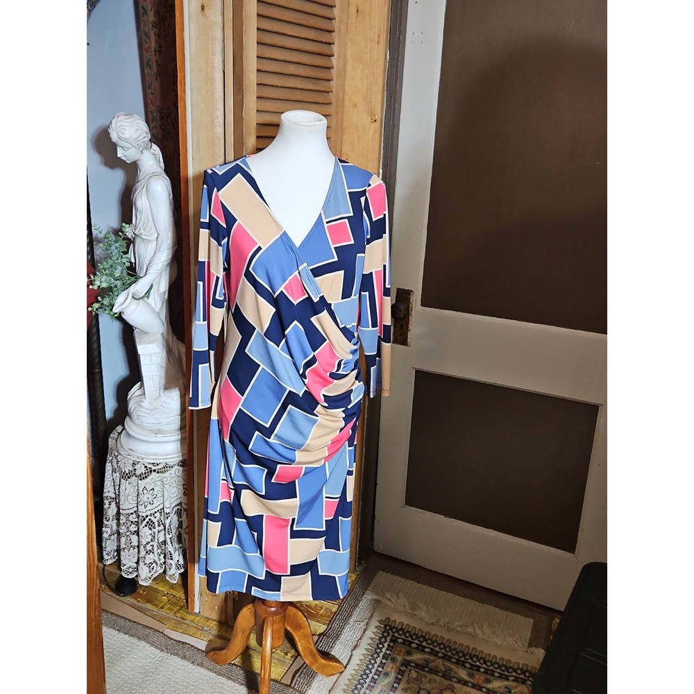 Tori Richard Honolulu Faux Wrap Dress Ruched Indigo Puzzled Danni Geometric XL